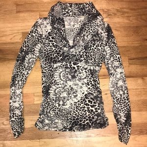 Sweater knit print cowl neck ruched side & sleeves